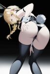  1girl :3 absurdres alternate_costume animal_ear_hairband animal_ears arm_strap ass black_leotard black_ribbon black_thighhighs blonde_hair braid candy_man commentary fake_animal_ears fake_tail feet_out_of_frame fingernails fujita_kotone gakuen_idolmaster hair_ribbon hairband highres idolmaster leaning_forward leotard long_hair looking_at_viewer looking_back playboy_bunny rabbit_ear_hairband rabbit_ears rabbit_tail ribbon solo strapless strapless_leotard tail thighhighs twin_braids wrist_cuffs yellow_eyes 