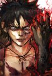  1boy aura black_hair clenched_hand frown haki_(one_piece) hand_up highres kyezzzz male_focus monkey_d._luffy one_piece parted_lips raised_fist red_shirt scar scar_on_cheek scar_on_chest scar_on_face shirt short_hair solo upper_body v-shaped_eyebrows 