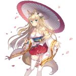  1girl animal_ears aqua_eyes bare_shoulders blonde_hair blue_sash breasts cleavage collar detached_collar detached_sleeves flower fox_ears fox_girl fox_tail glasses hair_flower hair_ornament holding holding_umbrella japanese_clothes lilian_fox long_hair medium_breasts miko miniskirt oil-paper_umbrella petals rie_(reverie) sash skirt tail thighhighs uchi_no_hime-sama_ga_ichiban_kawaii umbrella white_collar white_thighhighs 