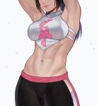  1girl abs alternate_costume alternate_hair_length alternate_hairstyle armpits arms_up black_hair breasts han_juri head_out_of_frame highres light_smile midriff navel obscured pants sleeveless street_fighter street_fighter_v stretch striped striped_pants sweatpants white_background zenkiro 