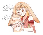  2girls :< ;d animal_costume animal_ears bare_shoulders black_gloves blonde_hair blush cho_kaguya-hime! closed_mouth clothing_cutout commentary crescent crescent_hair_ornament fox_costume gloves grin hair_ornament highres holding holding_mini_person japanese_clothes jtrevvwlofqmpth kaguya_(cho_kaguya-hime!) kimono looking_at_another lop_rabbit_ears mini_person minigirl multiple_girls one_eye_closed orange_eyes rabbit_ears rabbit_girl red_kimono sakayori_iroha shoulder_cutout smile speech_bubble sweatdrop translation_request untranslatable_commentary 
