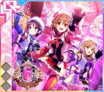  3girls :d album_cover amane_ai anniversary arm_up beret blush breasts brown_eyes brown_hair clothing_cutout concert confetti cover detached_sleeves dot_nose dutch_angle english_text frilled_sleeves frills game_cg glowstick grin hand_up hat holding holding_microphone idol idol_clothes idol_wars long_hair medium_breasts medium_hair microphone multiple_girls navel navel_cutout neckerchief official_art omiya_aine open_mouth print_hat purple_hair purple_neckerchief red_neckerchief red_thighhighs screen screen_zoom short_hair small_breasts smile stage stage_lights thighhighs third-party_source white_hat wide_sleeves yukishiro_nagisa zettai_ryouiki 
