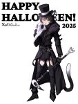  1girl 2025 alternate_costume animal_ear_fluff animal_ears artist_name black_hair cane cat_ears cat_girl cat_tail dungeon_meshi full_body garter_straps happy_halloween hat highres izutsumi kimchunsik open_mouth plague_doctor_mask pointy_shoes red_scarf scarf short_hair simple_background slit_pupils solo tail top_hat twitter_username white_background yellow_eyes 