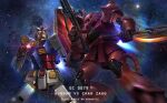  absurdres aiming artist_name asymmetrical_dual_wielding battle character_name commentary dual_wielding energy_gun english_commentary gun gundam heat_hawk highres holding holding_gun holding_weapon mecha mecha_focus mf_draws mobile_suit mobile_suit_gundam no_humans one-eyed pink_eyes robot rx-78-2_gundam science_fiction shield shoulder_spikes space spikes star_(sky) v-fin weapon yellow_eyes zaku_ii_s_char_custom 