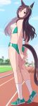  1girl absurdres animal_ears arms_behind_back bow brown_eyes brown_hair buruma closed_mouth commentary_request ear_bow enukee full_body green_buruma green_shoes highres horse_ears horse_girl horse_tail looking_at_viewer mejiro_dober_(umamusume) outdoors running_track shoes smile sneakers socks solo sports_bra sportswear standing tail umamusume white_socks 