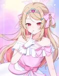  1girl bare_shoulders blonde_hair blush bow braid braided_hair_rings colored_inner_hair commentary_request cowboy_shot criss-cross_halter dress dress_bow finger_to_mouth frilled_dress frills glove_bow gloves hair_intakes hair_ornament hair_ribbon hair_rings hairclip half-closed_eyes halo halterneck heart-shaped_gem highres index_finger_raised long_hair looking_at_viewer makaino_ririmu multicolored_hair mzir_yu2 nijisanji off-shoulder_dress off_shoulder official_alternate_costume official_alternate_hairstyle parted_lips pink_background pink_bow pink_dress pink_hair pink_halo pink_ribbon pink_streaks pointy_ears purple_background red_eyes ribbon side_part side_up_ring sidelocks solo standing star_(symbol) star_hair_ornament streaked_hair swept_bangs tiara two-tone_dress two-tone_hair two_side_up virtual_youtuber white_dress white_gloves 