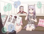  1boy 2girls :d animal_ears black_jacket blurry blurry_background blush bow brown_headwear collarbone commentary_request couch cup depth_of_field ear_covers gold_ship_(umamusume) grey_hair grey_shirt hair_bow hat highres holding holding_cup holding_saucer horse_ears horse_girl horse_tail indoors jacket long_hair magazine mejiro_mcqueen_(umamusume) mini_hat multiple_girls on_couch open_mouth parted_lips plaid_pillow purple_bow purple_eyes purple_hair red_shirt saucer shirt short_sleeves sitting skirt smile tail trainer_(umamusume) translation_request umamusume white_skirt yukie_(kusaka_shi) 