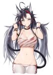  1girl absurdres ahoge animal_ears arknights bangs black_choker black_hair blaze_(arknights) blaze_(burst_feline)_(arknights) breasts camisole cat_ears cat_tail choker cleavage commentary_request cowboy_shot crop_top dodo_(yatotoyatoto) grey_eyes grin groin halterneck hands_up headphones headset highres holding holding_hair long_hair looking_at_viewer medium_breasts midriff navel simple_background smile solo standing stomach tail very_long_hair white_background 