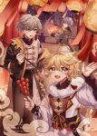  3boys absurdres aerial_fireworks aether_(genshin_impact) ahoge alternate_costume artist_name balcony bangboo_(zenless_zone_zero) bead_bracelet beads belt black_belt black_pants blonde_hair blurry blurry_background blush bracelet braid brown_eyes brown_jacket brown_shirt buttons caelus_(chinese_new_year_2024)_(honkai:_star_rail) caelus_(honkai:_star_rail) character_print chinese_clothes chinese_new_year closed_mouth cloud cloud_print company_connection cowboy_shot crossover earrings english_commentary evening fireworks floor flower_knot from_behind fur_collar genshin_impact gold_trim gradient_sky green_eyes grey_hair grey_jacket hair_between_eyes hands_up highres holding holding_lantern holding_skewer honkai:_star_rail honkai_(series) indoors jacket jewelry kyoukouo lantern lantern_festival lapels long_hair long_sleeves looking_at_viewer looking_back low-braided_long_hair low-tied_long_hair male_focus mandarin_collar mihoyo multiple_boys official_alternate_costume open_clothes open_jacket open_mouth orange_ribbon pants paper_lantern pink_sky pom-pom_(honkai:_star_rail) pom_pom_(clothes) puffy_long_sleeves puffy_sleeves purple_sky railing red_belt ribbon shirt short_hair single_braid single_earring skewer sky smile standing tangzhuang tassel tassel_earrings tongue trailblazer_(honkai:_star_rail) vest watermark white_jacket white_pants white_shirt wide_sleeves wise_(soaring_crane)_(zenless_zone_zero) wise_(zenless_zone_zero) yellow_eyes yellow_vest zenless_zone_zero 