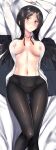  1girl a9b_(louis814) areolae arms_up bangs bed_sheet black_eyes black_hair black_legwear blush breasts closed_mouth commentary commission constantia_cantacuzino dress_shirt from_above large_breasts legs light_frown long_hair long_sleeves looking_at_viewer lying navel on_back on_bed open_clothes open_shirt panties pantyhose shirt skeb_commission solo swept_bangs thigh_gap underwear white_shirt world_witches_series 