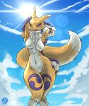  anthro big_tail blue_sky breasts clothing digimon digimon_(species) female fur gloves hand_on_hip handwear hi_res humanoid kokoni looking_at_viewer markings navel pose renamon sky solo solo_focus sun thick_thighs wide_hips yellow_body yellow_fur 