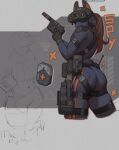  1girl animal_ears arm_strap ass belt belt_pouch black_belt blue_bodysuit bodysuit brown_hair clozzy01 commentary cropped_legs english_commentary english_text fake_animal_ears film_grain finger_on_trigger from_side grey_background gun handgun harness head-mounted_display headphones helmet highres holding holding_gun holding_weapon holster mechanical_ears original ponytail pouch radio_antenna sketch_inset skin_tight skindentation suppressor thigh_holster thigh_strap utility_belt weapon 