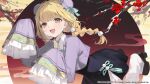  1girl absurdres black_dress black_shoes blonde_hair bow chinese_clothes chinese_commentary chinese_new_year collar commentary_request dress flower fujita_kotone gakuen_idolmaster green_bow green_collar hair_bun highres idolmaster long_hair official_art open_mouth plum_blossoms purple_shirt shirt shoes smile solo yellow_eyes 