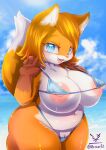  2020 4_fingers anthro areola big_breasts big_eyes bikini biped blue_eyes blue_sky breasts brown_body brown_fur canid canine clitoris clothing countershade_fur countershading curvy_figure dipstick_tail erect_nipples female fingers fluffy fluffy_tail fox fur genitals gloves_(marking) hair hi_res huge_breasts inner_ear_fluff mammal markings micro_bikini multicolored_body multicolored_fur multicolored_tail navel nipples open_mouth open_smile orange_body orange_fur orange_hair outside pink_areola pink_nipples portrait pussy seaside sky smile solo standing swimwear three-quarter_portrait translucent translucent_clothing tuft usssar12 voluptuous water white_body white_fur wide_hips 