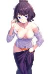  1girl bangs black_hair black_skirt blue_eyes blush breasts closed_mouth clothes_pull collarbone commentary_request eyebrows_visible_through_hair fate/grand_order fate_(series) hair_bun hand_up highres katsushika_hokusai_(fate) leaning_forward long_sleeves looking_at_viewer medium_breasts off_shoulder orange_panties panties ririko_(zhuoyandesailaer) shirt short_hair simple_background skirt skirt_pull solo underwear v-shaped_eyebrows white_background white_shirt 