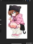  1girl absurdres art_program_in_frame beanie bisho_imobing_hito black_hat black_skirt blue_eyes brown_hair candy cat_tail closed_mouth commentary_request food full_body haibara_ai hair_between_eyes hat hat_with_ears highres holding holding_candy holding_food holding_lollipop hood hood_down hoodie lollipop long_sleeves looking_at_viewer meitantei_conan pink_hoodie pink_shoes safety_pin shoes short_hair simple_background skirt solo squatting tail white_background 
