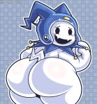 2026 abstract_background aceekdarzty ambiguous_gender anthro artist_name atlus awkward_smile big_butt biped blush blushing_at_viewer bubble_butt butt clothing cute_fangs demon fangs fool's_hat hat headgear headwear hi_res humanoid imp jack_frost_(megami_tensei) looking_at_viewer looking_back megami_tensei presenting presenting_hindquarters rear_view sega solo tail teeth text white_body