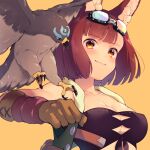  1girl animal_ear_fluff animal_ears bangs bird breasts brown_hair calm_mashiro cleavage falconry goggles goggles_on_head hawk hound_(sekaiju) hound_2_(sekaiju) medium_breasts rabbit_ears sekaiju_no_meikyuu sekaiju_no_meikyuu_5 short_hair simple_background smile solo upper_body yellow_background 