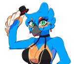  anthro avian beak big_breasts black_beak blue_body breasts breezy_(bluebirdbreeze) clothed clothing ear_piercing ear_ring eyelashes eyeshadow feathered_arms feathers female green_eyes hat headgear headwear hi_res lipstick looking_at_viewer makeup piercing ring_piercing solo tipping_hat top_hat trans_(lore) trans_woman_(lore) unknown_artist winged_arms wings 