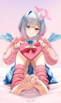  1girl alternate_costume amane_kanata angel_wings barefoot bed_sheet blue_bow blue_bowtie blue_hair blue_nails blue_skirt blue_wings bob_cut bow bowtie box cable_knit cardigan casino_(casinoep) collared_shirt colored_inner_hair commentary_request feathered_wings full_body gift gradient_wings grey_hair grin hair_over_one_eye halo heart-shaped_box highres holding holding_gift hololive knees_up leg_warmers mini_wings miniskirt multicolored_hair multicolored_wings nail_polish paid_reward_available pink_cardigan pink_leg_warmers pink_streaks plaid_clothes plaid_skirt pleated_skirt purple_eyes ribbed_leg_warmers shirt short_hair single_hair_intake sitting skirt smile soles solo star_halo tilted_halo toes virtual_youtuber white_shirt wings 