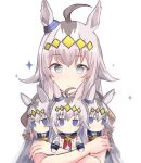  1girl ahoge animal_ears blue_eyes character_doll chinese_commentary closed_mouth commentary diamond_(shape) doll grey_hair highres horse_ears horse_girl hugging_doll hugging_object looking_at_viewer migolu multicolored_hair oguri_cap_(starlight_beat)_(umamusume) oguri_cap_(umamusume) puffy_short_sleeves puffy_sleeves short_sleeves simple_background solo two-tone_hair umamusume upper_body white_background 