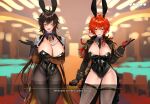  2girls absurdres alternate_costume animal_ears areola_slip areolae arm_under_breasts bangs black_jacket black_legwear black_leotard blurry blurry_background blush breasts brown_hair bunny_ears casino character_name commentary_request covered_navel detached_collar diluc_ragnvindr earrings english_text eyebrows_visible_through_hair eyeliner eyeshadow fake_animal_ears fishnet_legwear fishnets genderswap genderswap_(mtf) genshin_impact gloves gradient_hair hair_between_eyes heart highres huge_breasts jacket jewelry large_breasts leotard long_hair long_sleeves looking_at_viewer makeup multicolored_hair multiple_girls necktie open_clothes open_jacket open_mouth orange_hair pantyhose playboy_bunny ponytail red_eyes red_eyeshadow red_hair shiny shiny_clothes shiny_skin single_earring smile strapless strapless_leotard symbol_commentary tassel tassel_earrings thighhighs wing_collar yavalley yellow_eyes zhongli_(genshin_impact) 