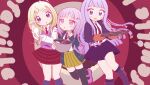  3girls :o ahoge akamatsu_kaede black_gloves black_ribbon black_thighhighs blonde_hair blush boots braid brown_skirt collared_shirt commentary_request d: danganronpa:_trigger_happy_havoc danganronpa_(series) danganronpa_2:_goodbye_despair danganronpa_v3:_killing_harmony derivative_work dress_shirt food gloves hair_ribbon hand_up happy_mille-feuille_(idolmaster) highres holding holding_food hood hood_down jacket kirigiri_kyoko long_hair long_sleeves looking_at_viewer medium_hair misa_(usaginosakura) multiple_girls musical_note musical_note_print nanami_chiaki necktie open_clothes open_jacket parody pink_eyes pink_shoes pleated_skirt purple_jacket purple_skirt red_background red_necktie red_skirt ribbon shirt shoes skirt sweat thighhighs two-tone_shirt white_shirt 