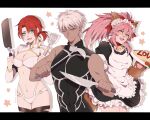  1boy 2girls animal_ears apron archer_(fate) boudica_(fate) dark_skin dark_skinned_male dual_wielding fang fate/grand_order fate_(series) food fox_ears frying_pan gloves grey_eyes hair_ribbon holding juliet_sleeves knife ladle long_hair long_sleeves maid multiple_girls namahamu_(hmhm_81) o-ring o-ring_bottom o-ring_top omurice one_eye_closed paw_gloves paws pink_hair puffy_sleeves red_hair ribbon short_ponytail shrug_(clothing) skin_fang spatula tamamo_(fate)_(all) tamamo_cat_(fate) white_hair yellow_eyes 