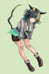  1girl animal_ears breasts brown_shorts closed_mouth commentary_request ears_through_headwear full_body green_eyes green_hair green_vest hands_on_own_knees hat horse_ears horse_girl horse_tail jacket kiseki_(miracle_author)_(umamusume) kiseki_(umamusume) large_breasts looking_at_viewer multicolored_hair shirt short_hair shorts simple_background solo streaked_hair tail umamusume vest white_jacket white_shirt white_streaks yanagi_wakana yellow_hat 