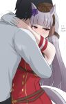  1boy 1girl animal_ears armband black_hair blunt_bangs blunt_ends bow brown_hat commentary dress ear_bow english_commentary english_text gloves gold_ship_(red_strife)_(umamusume) gold_ship_(umamusume) grey_hair hat hetero highres horse_ears horse_girl horse_tail hug long_hair long_sleeves namikare pillbox_hat purple_bow red_armband red_dress short_hair simple_background sleeveless sleeveless_dress tail trainer_(umamusume) umamusume v-shaped_eyebrows white_background white_gloves 