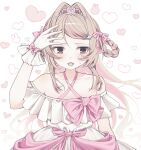  1girl :3 absurdres arm_up averting_eyes bare_shoulders blush bow braid braided_hair_rings collarbone colored_inner_hair commentary_request criss-cross_halter dress dress_bow fangs frilled_dress frills glove_bow gloves grey_hair hair_intakes hair_ornament hair_ribbon hair_rings hairclip halterneck hand_on_own_forehead heart heart-shaped_gem heart_background highres long_hair makaino_ririmu multicolored_hair nijisanji off-shoulder_dress off_shoulder official_alternate_costume official_alternate_hairstyle open_mouth pink_bow pink_dress pink_hair pink_ribbon pink_streaks pointy_ears red_eyes regu_(cc41_ti) ribbon side_part side_up_ring sidelocks solo standing star_(symbol) star_hair_ornament straight-on streaked_hair sweatdrop swept_bangs tiara two-tone_dress two-tone_hair two_side_up upper_body virtual_youtuber white_background white_dress white_gloves 
