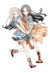  2girls blonde_hair blue_shirt blue_skirt blue_sweater blunt_ends blush boots bracelet brown_boots brown_eyes brown_hair collared_shirt colored_eyelashes dress flipped_hair full_body gakuen_idolmaster gradient_hair green_skirt grey_hair hair_ornament hairclip high_heel_boots high_heels highres holding_hands idolmaster jewelry kuramoto_china lace-up_boots laurels leaf_hair_ornament long_hair long_sleeves looking_at_viewer michinaru_hirogaru_(idolmaster) migolu multicolored_hair multiple_girls open_mouth orange_boots orange_dress orange_eyes parallel_hairclips parted_bangs shinosawa_hiro shirt short_sleeves simple_background skirt smile standing standing_on_one_leg sweater swept_bangs white_background 