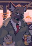 5_fingers aggressive_retsuko anthro black_nose blush clothed clothing fangs fingers haida hi_res hyaenid japanese_text male mammal necktie sanrio solo text vetiver_n 
