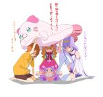  1boy 3girls absurdres aisaki_emiru aqua_eyes barefoot black_choker black_shorts blouse blue_shorts bow bowtie brown_hair child choker closed_eyes commentary cone_hair_bun double_bun ellee-chan hair_bun hairband highres hirogaru_sky!_precure hugtto!_precure in-franchise_crossover knee_up kneeling konsuke0 kururun_(precure) leaning_forward lifting_object long_hair looking_at_another medium_hair miniskirt multiple_girls off-shoulder_shirt off_shoulder open_mouth orange_hair oversized_object pink_skirt precure purple_eyes purple_hair red_bow red_bowtie red_hairband ruru_amour shirt short_hair short_sleeves shorts sitting skirt smile stuffed_seal suspender_skirt suspenders thighhighs translated tropical-rouge!_precure twintails two_side_up white_background white_shirt white_thighhighs yellow_hairband yellow_shirt yuunagi_tsubasa 
