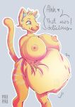  abdominal_bulge anthro belly big_belly big_breasts breasts digital_media_(artwork) ears_up english_text felid female fur furry_tail hi_res mammal nipples oral_vore pantherine pirupiru simple_background solo text tiger tongue tongue_out vore 