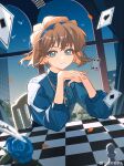  1girl absurdres ace_(playing_card) ace_of_diamonds ace_of_hearts ace_of_spades bisho_imobing_hito blue_eyes blue_flower blue_hairband blue_rose blue_shirt brown_hair card chess_piece chinese_commentary commentary_request cross cross_necklace diamond_(shape) earrings flower four_of_hearts haibara_ai hairband heart highres jewelry long_sleeves looking_at_viewer meitantei_conan necklace pawn_(chess) petals playing_card rose shirt short_hair smile solo spade_(shape) 