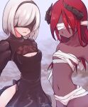  2girls bandages black_blindfold blind blindfold breasts collarbone commentary cowboy_shot demon_girl hairband highres horns lilith_(the_binding_of_isaac) long_hair medium_breasts medium_hair multiple_girls navel nier_(series) nier_automata red_hair silver_hair small_breasts the_binding_of_isaac yellowparrot yorha_no._2_type_b 