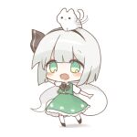  1girl animal_on_head black_bow black_bowtie black_hairband blush bow bowtie cat chibi chibi_only commentary commission full_body green_eyes green_skirt green_vest grey_hair hairband highres hitodama konpaku_youmu konpaku_youmu_(ghost) medium_hair on_head open_mouth pixiv_commission pudding_(skymint_028) puffy_short_sleeves puffy_sleeves shirt short_sleeves simple_background skirt skirt_set solo touhou vest white_background white_shirt 