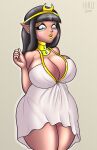  big_breasts black_hair breasts clothed clothing curvy_figure dress egyptian_clothing elf female hair hi_res hirurux humanoid humanoid_pointy_ears not_furry signature simple_background solo white_clothing white_dress 