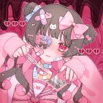  1girl abstract_background aegyo_sal bandaid bandaid_on_cheek bandaid_on_chest bandaid_on_face bandaid_on_neck black_bow blue_bow blunt_bangs blush bow bow_eyepatch bowtie boxcutter breasts broken_heart brown_background cardigan cat_hair_ornament chocolate_syrup colored_inner_hair commentary_request curly_hair double_bun dutch_angle earrings eyepatch eyes_visible_through_hair fingernails frilled_bowtie frilled_eyepatch gauze gauze_on_cheek gold_earrings grey_hair hair_bow hair_bun hair_ornament hair_over_shoulder halftone hands_up heart heart_eyepatch heart_hair_ornament highres hitose_rei holding holding_boxcutter jewelry jirai_kei large_ears long_fingernails long_hair long_sleeves looking_at_viewer multicolored_hair nail_polish no_nose nose_blush one_eye_covered open_cardigan open_clothes open_mouth original outline parted_lips pink_background pink_bow pink_bowtie pink_cardigan pink_hair pink_nails pink_sailor_collar puffy_long_sleeves puffy_sleeves raised_inner_eyebrows ringed_eyes sailor_collar school_uniform shirt simple_background single_eyebrow sleeves_past_wrists small_breasts smile solo straight-on stud_earrings tareme two-tone_background two-tone_hair upper_body white_outline white_shirt yami_kawaii 