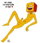  &lt;3 5_toes balls english_text erection feet genitals humanoid humanoid_genitalia humanoid_penis knullmannen_(artist) male not_furry nude penis simple_background solo text the_heist toes white_background yellow_(the_heist) yellow_body yellow_skin 