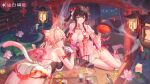  2girls absurdres animal_ears anklet architecture arm_up armor backless_dress backless_outfit bare_shoulders bird black_hair blonde_hair boat cat_ears cat_tail chinese_clothes chinese_commentary commentary_request crane_(animal) cup curtains detached_sleeves dress east_asian_architecture flower flower_anklet fog full_body gloves gold_anklet gradient_hair green_eyes hand_on_ground hand_up highres holding holding_plate japanese_armor jewelry lantern legs looking_at_viewer looking_back lotus lotus_lantern lotus_leaf lying mia_skye mooncake multicolored_hair multiple_girls night no_shoes nude official_art official_wallpaper on_side on_stomach one_eye_closed outdoors paper_lantern pink_hair plate red_eyes red_rope red_shoes rope see-through_clothes see-through_gloves see-through_skirt shoes shoulder_armor siris_(snowbreak) sitting skirt sleeve_cuffs smile smoke snowbreak:_containment_zone sode tail tea teacup teapot twintails veil watercraft white_gloves white_skirt wooden_floor yokozuwari 