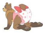  2017 4_toes all_fours anthro bow brown_bear brown_body brown_eyes brown_fur brown_nose butt clean_diaper cuddlehooves diaper diaper_fur diaper_only feet fur girly grizzly_bear male mammal pawpads ribbons short_tail simple_background smile solo tail_bow tail_ribbon toes ursid ursine white_background 