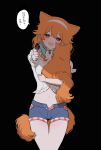  1girl aiming_at_viewer animal animal_ears black_background cat cat_ears cat_tail cowboy_shot gun holding holding_animal holding_cat hololive hololive_english looking_at_viewer mamaloni official_alternate_costume open_fly orange_hair purple_eyes revolver shorts simple_background solo stomach tail takanashi_kiara thigh_gap translation_request virtual_youtuber weapon 