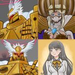  1boy 2girls armor blonde_hair breasts digimon digimon_(creature) digimon_story:_time_stranger double_bun gold_armor gold_helmet grey_hair hair_bun halo helmet highres jacket junomon junomon_hysteric_mode jupitermon large_breasts long_hair meme_request misono_inori mnmars_art multiple_girls red_eyes red_halo white_jacket winged_helmet yellow_background 