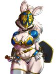  2021 alpha_channel anthro armor big_breasts breasts buckteeth chochi choker cleavage clothed clothing cross curvaceous curvy_figure female fur hair headgear helmet jewelry lagomorph leporid mammal melee_weapon necklace rabbit shield simple_background skimpy skimpy_armor solo sword teeth transparent_background unconvincing_armor voluptuous weapon white_body white_fur white_hair wide_hips 