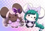  absurdly_long_hair animal_focus apron ascot black_eyes bow bowtie braid braided_ponytail breadcritter cosplay dark-skinned_female dark_skin dress frilled_ascot frills green_hair hair_ornament jacinthe_(pokemon) jacinthe_(pokemon)_(cosplay) juliet_sleeves lebanne_(pokemon) lebanne_(pokemon)_(cosplay) long_braid long_hair long_sleeves low_drills maid maid_apron maid_headdress master_and_servant mega_stone mouse_(animal) no_humans pokemon pokemon_(creature) pokemon_focus pokemon_legends:_z-a puffy_sleeves purple_dress purple_hair solid_circle_eyes solid_oval_eyes standing tandemaus very_dark_skin very_long_hair white_bow white_bowtie 