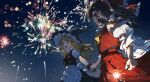  2girls aerial_fireworks aihara-rina apron artist_name ascot black_gloves blonde_hair bow braid brown_hair commentary dated detached_sleeves fingerless_gloves fireworks frilled_bow frilled_hair_tubes frills gloves hair_bow hair_tubes hakurei_reimu hat hat_bow highres holding holding_fireworks holding_hands kirisame_marisa long_hair multiple_girls night open_mouth outdoors pointing red_bow red_skirt ribbon-trimmed_sleeves ribbon_trim side_braid single_braid skirt skirt_set sky smile sparkler touhou waist_apron white_bow witch_hat yellow_ascot yellow_eyes 