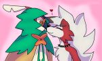  &lt;3 alistorial ambiguous/ambiguous ambiguous_gender anthro avian beak bird boop canid canine collar decidueye duo feathers fur lycanroc mammal midnight_lycanroc nintendo nose_boop pok&eacute;mon pok&eacute;mon_(species) red_body red_fur simple_background spiked_collar spikes video_games white_body white_fur wings 