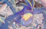  articuno blurry closed_mouth commentary_request from_above gen_1_pokemon legendary_pokemon no_humans petals pokemon pokemon_(creature) red_eyes signature solo talons urufin_(wolf_v3ewc) white_fur 
